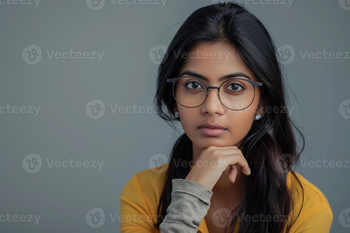 ai generado confidente joven indio mujer de negocios en lentes en gris antecedentes. foto