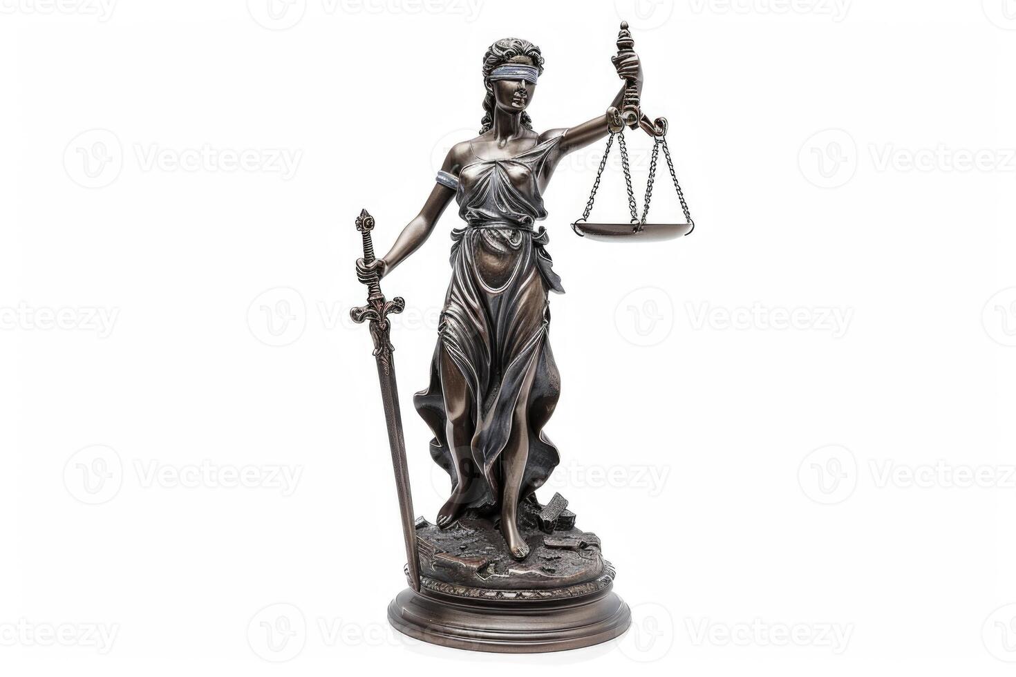 ai generado themis con escala y espada aislado en blanco. justicia y ley símbolo estatua foto