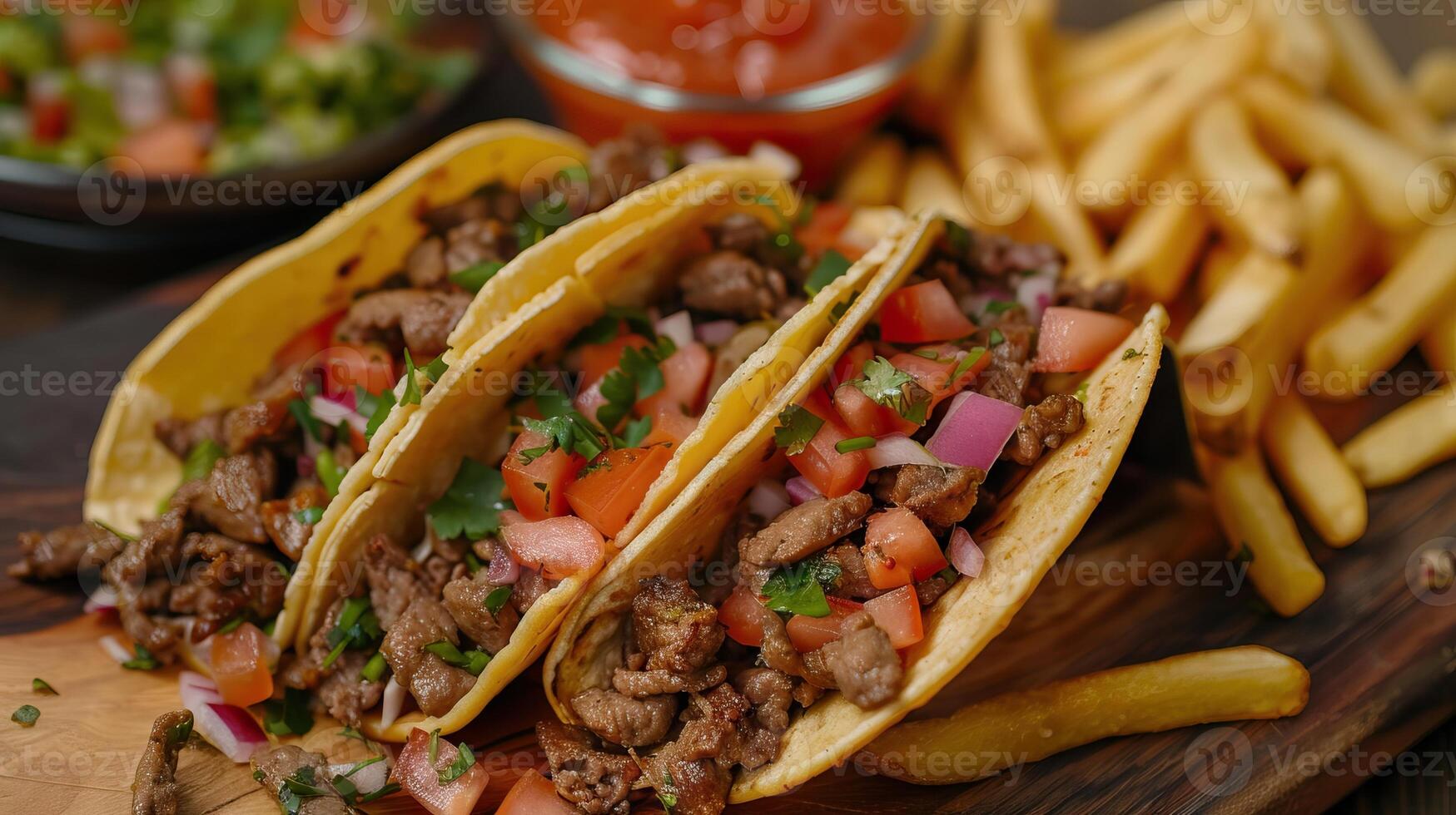 AI generated beef tacos served with golden French fries photo