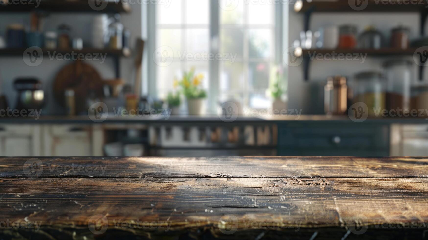 AI generated Empty textured wooden table and kitchen window shelves blurred background photo