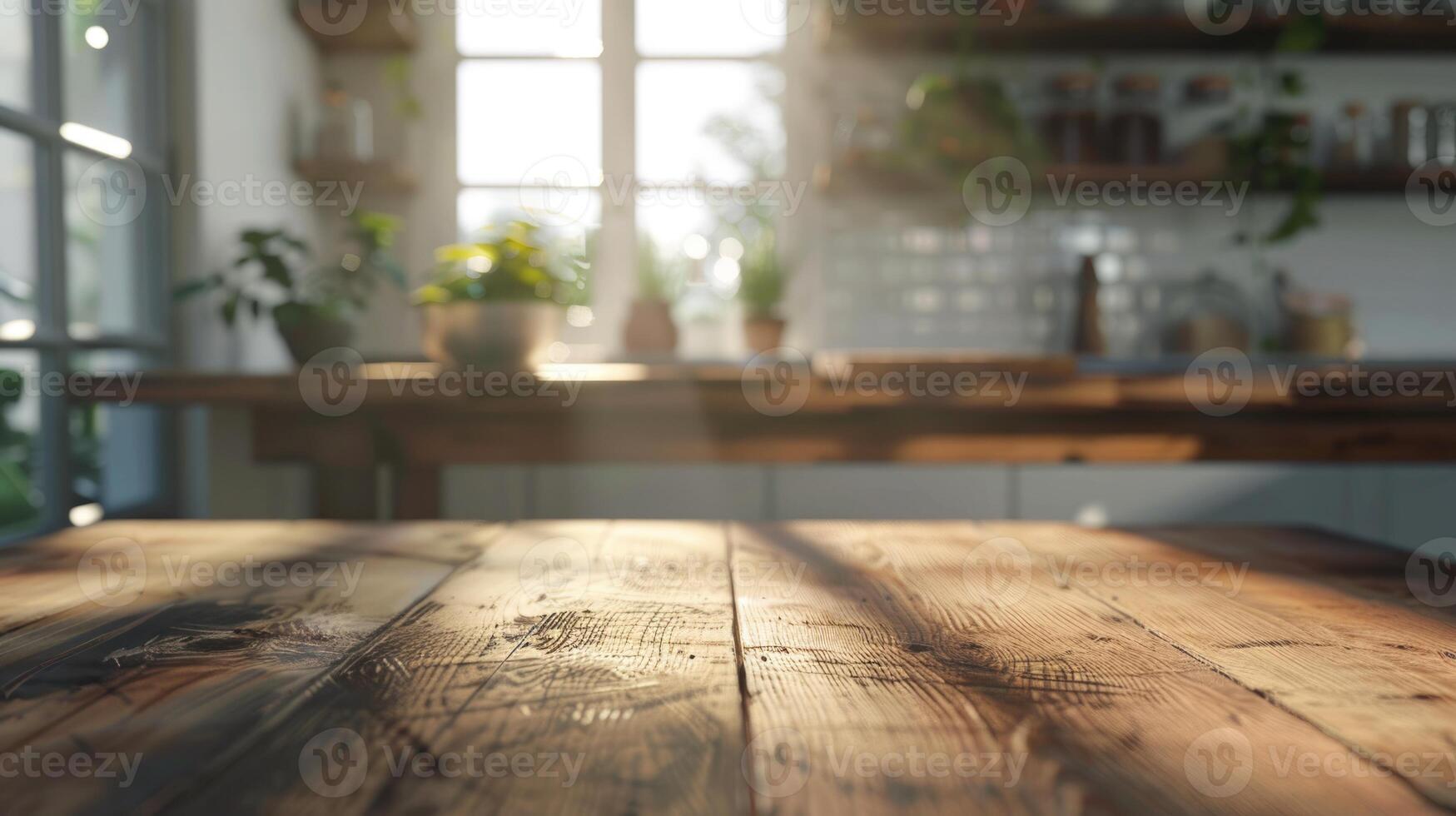 AI generated Empty textured wooden table and kitchen window shelves blurred background photo