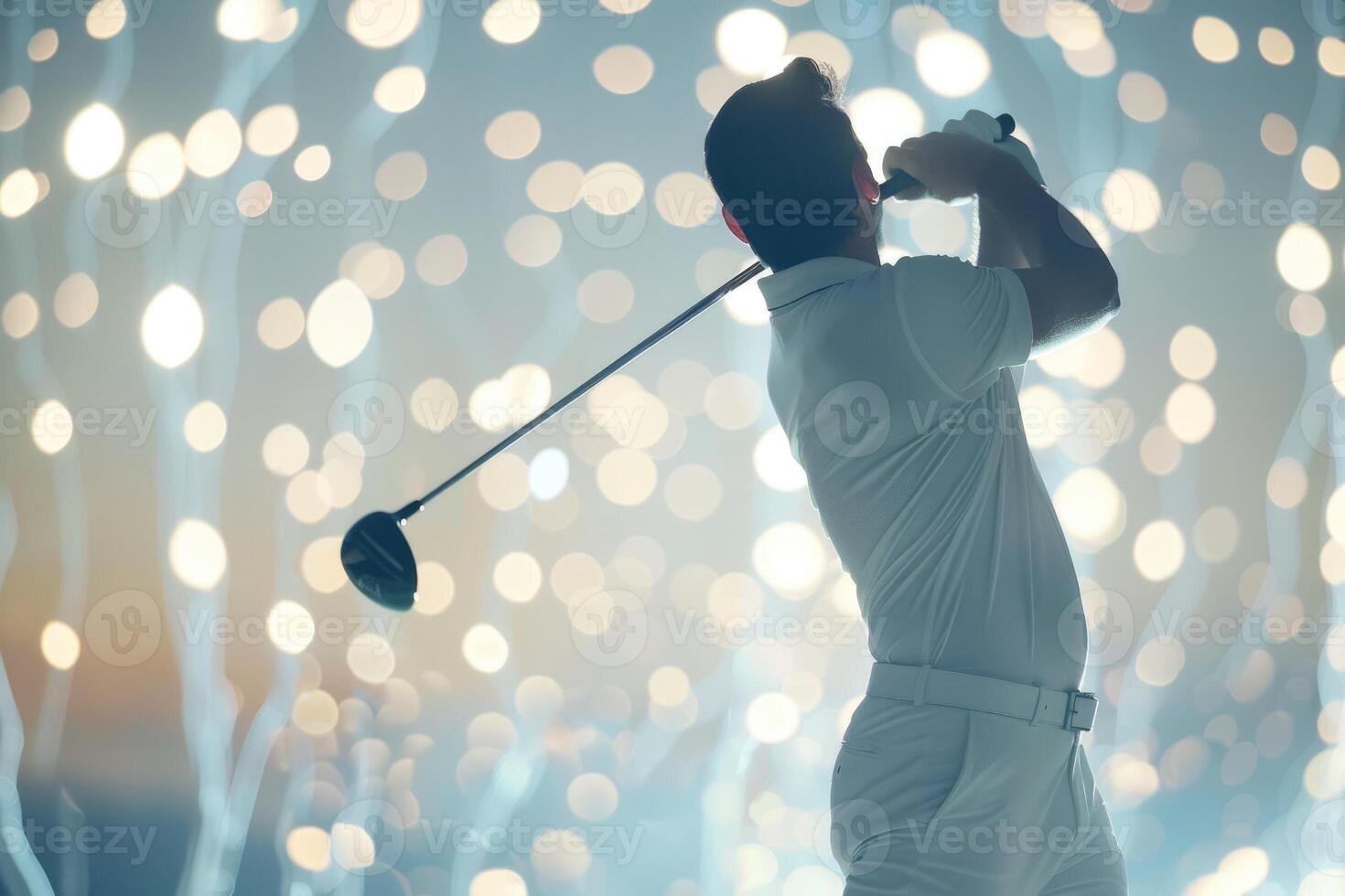 AI generated Golf Player in a white shirt taking a swing  on a white lights Background. photo