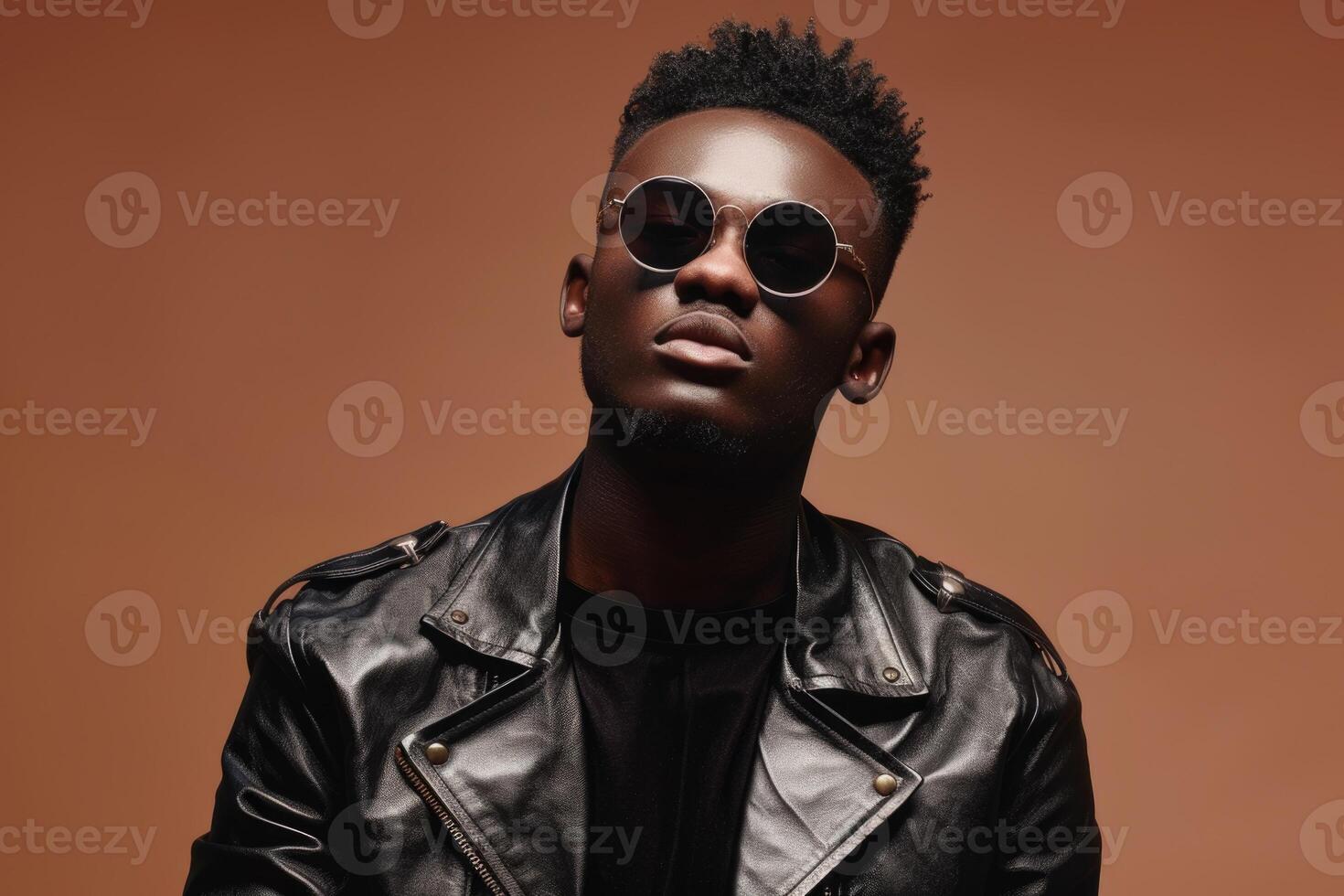 AI generated Portrait of African young man in stylish leather jacket and sunglasses posing on brown background photo