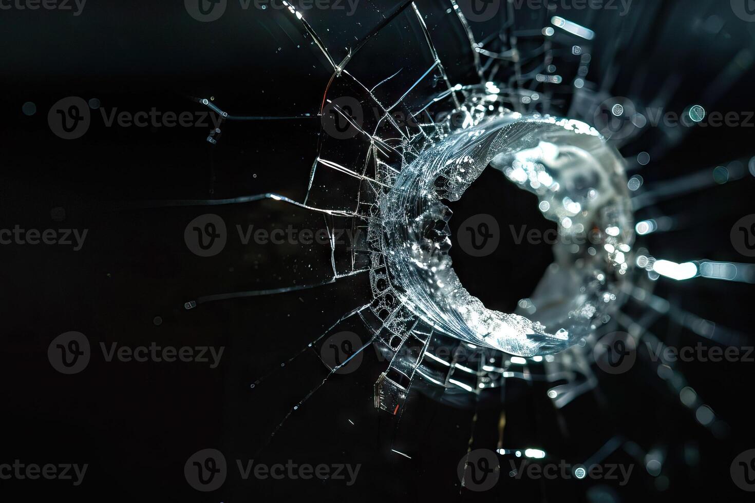 AI generated bullet hole in glass   real bullet hole closeup and isolated on black photo