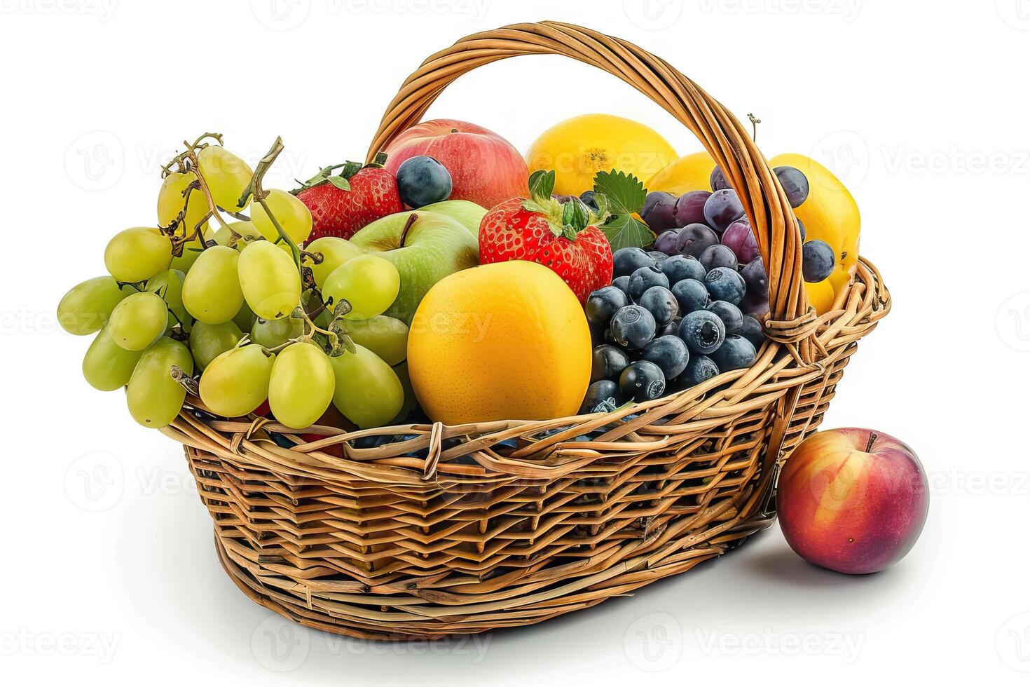 Fruits in basket isolated on white. photo