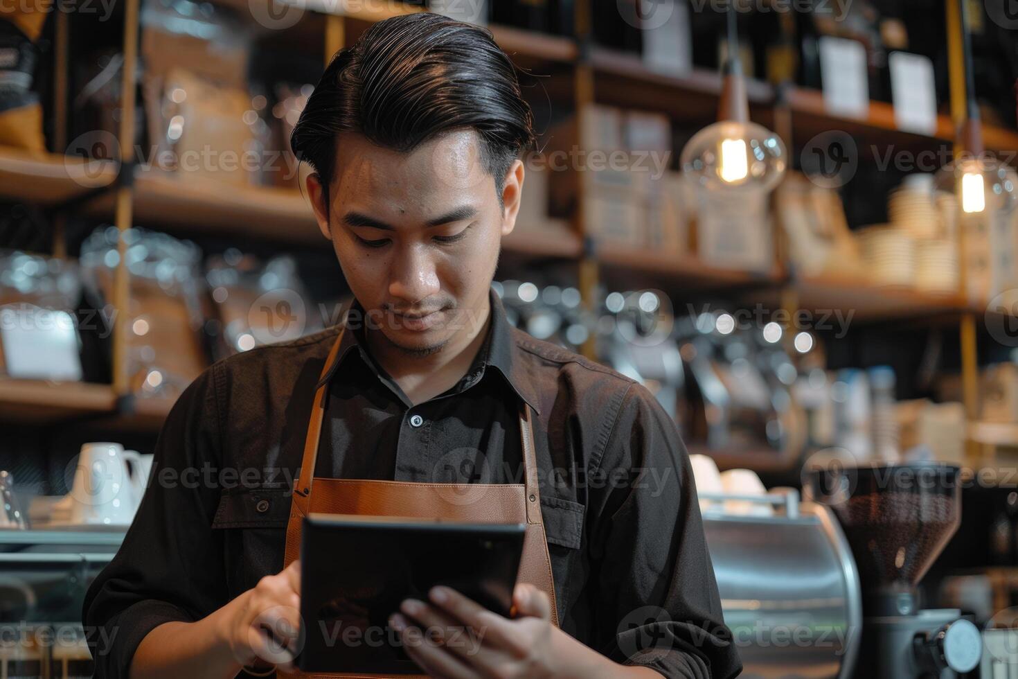 Asian man barista checks orders on tablet in cafe. photo