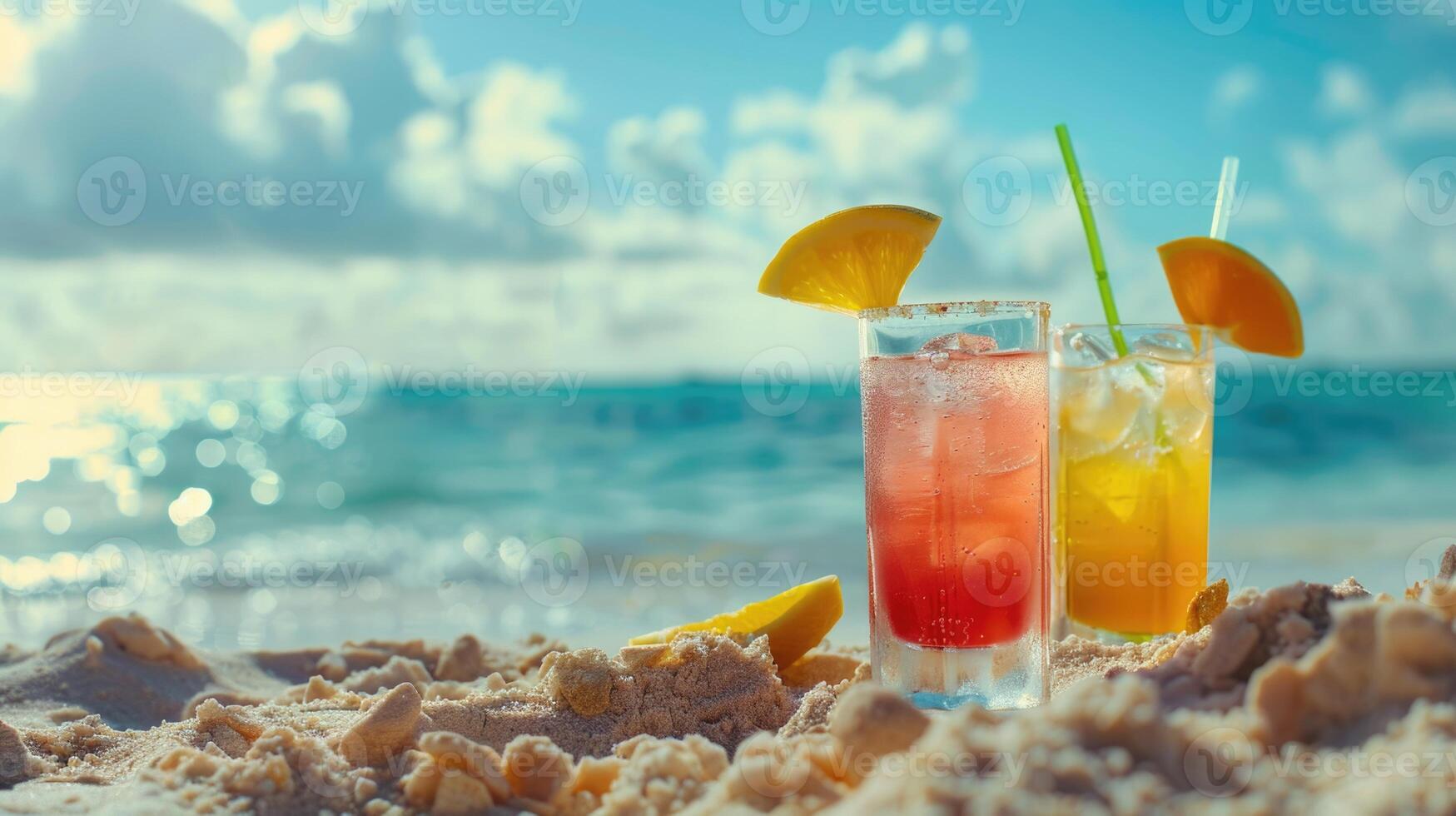 Exotic summer drinks in sand. Blur beach as background photo