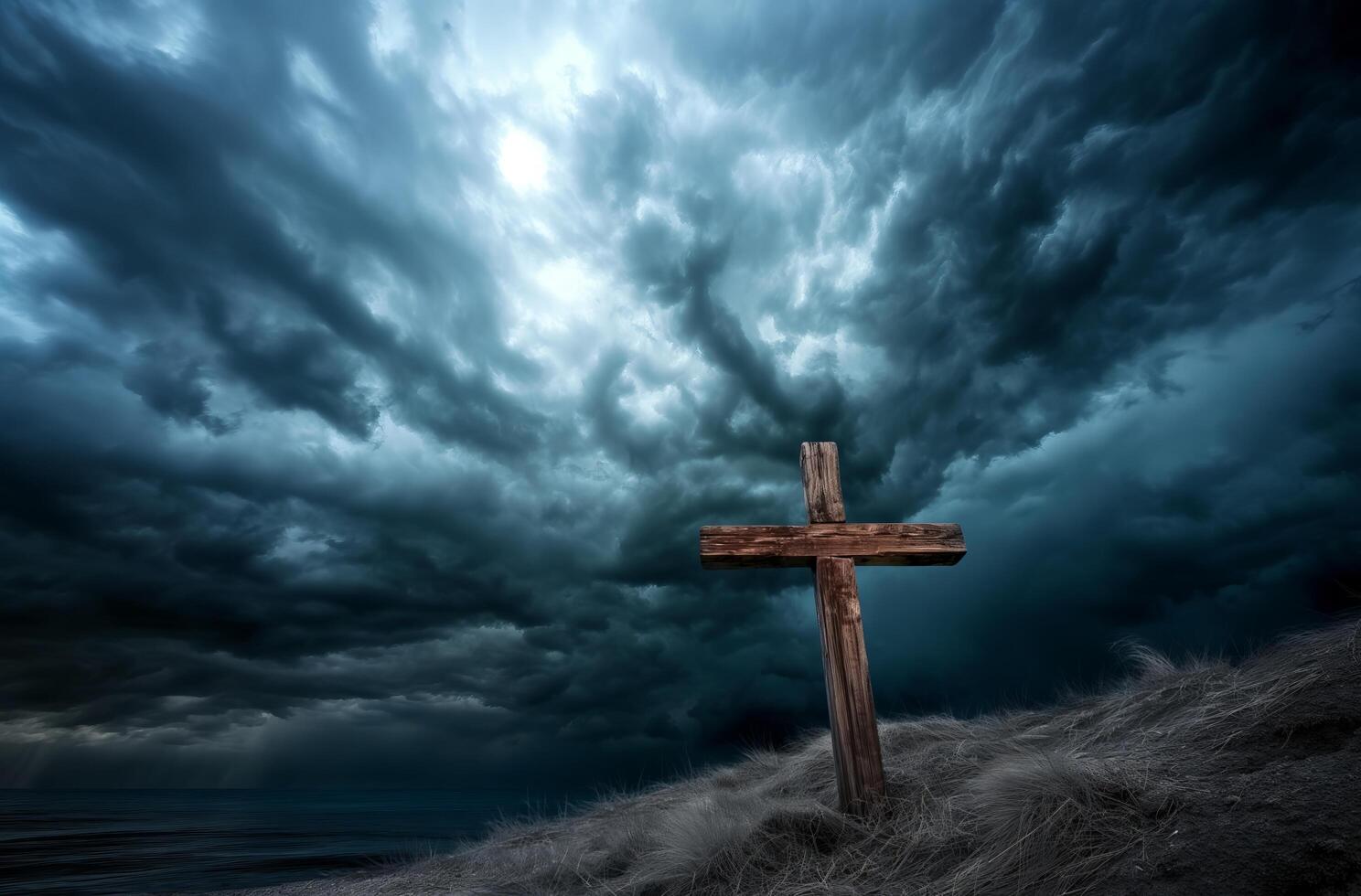 AI generated Stormy sky above the cross photo