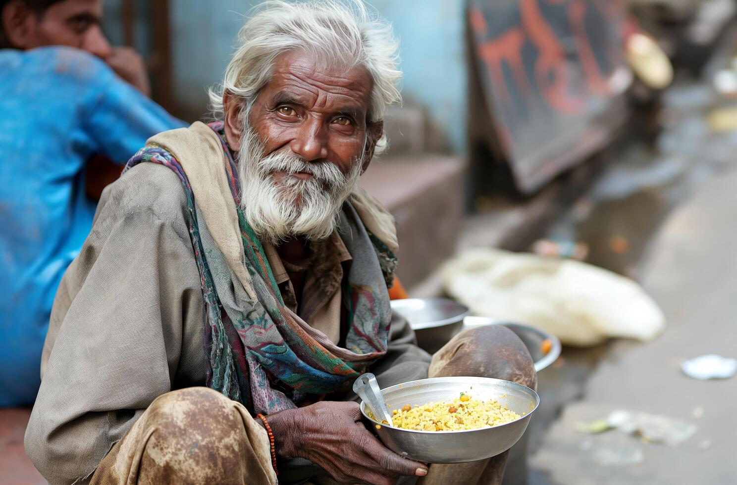 AI generated Elderly man with food bowl photo