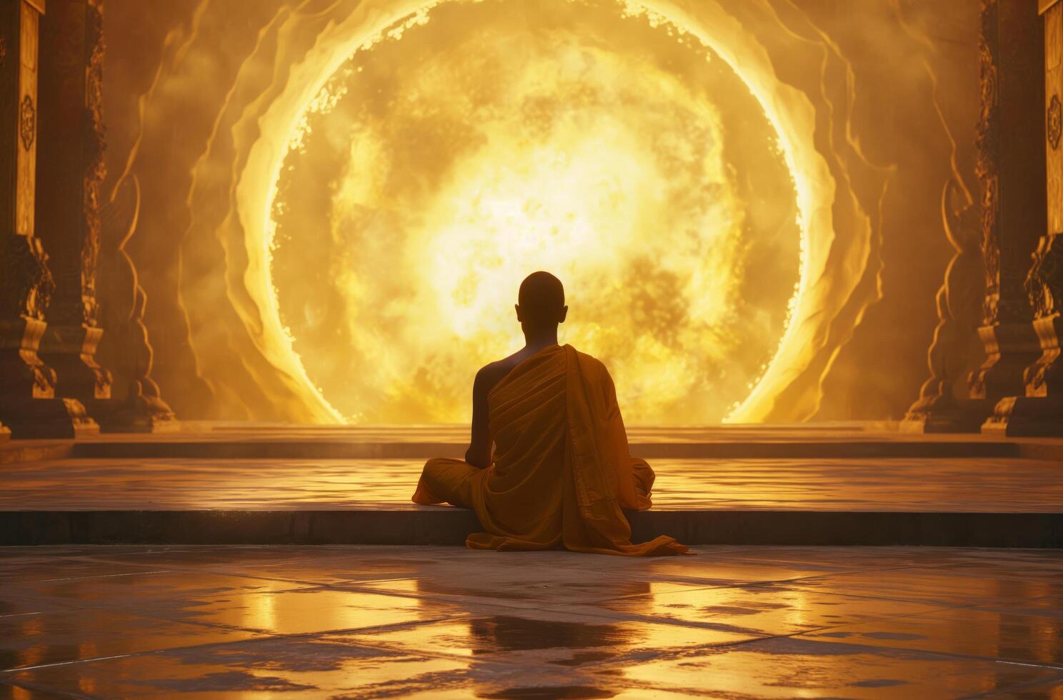 Monk meditating before cosmic circle photo