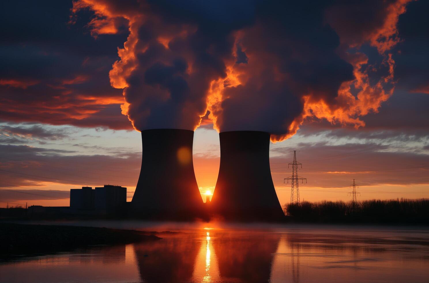 Nuclear power station at dusk photo