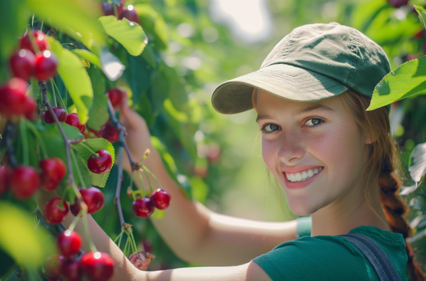 Teenager harvesting cherries photo