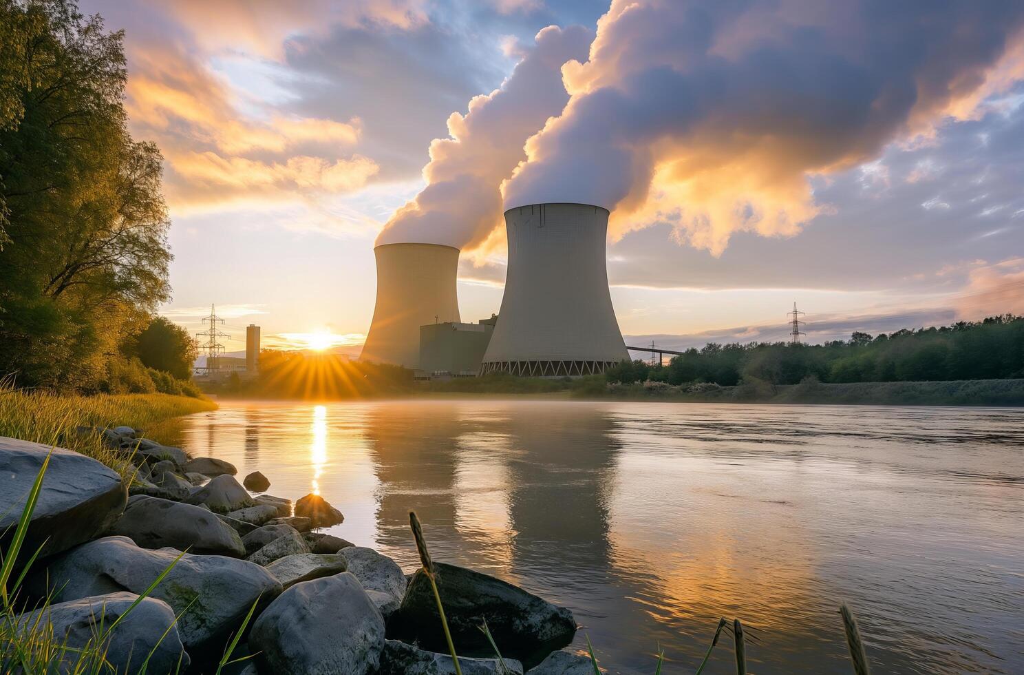 Nuclear power station riverside sunset photo