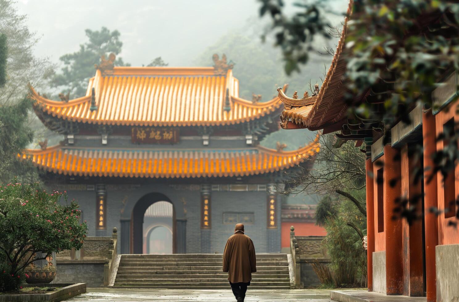 Man approaching Buddhist temple photo