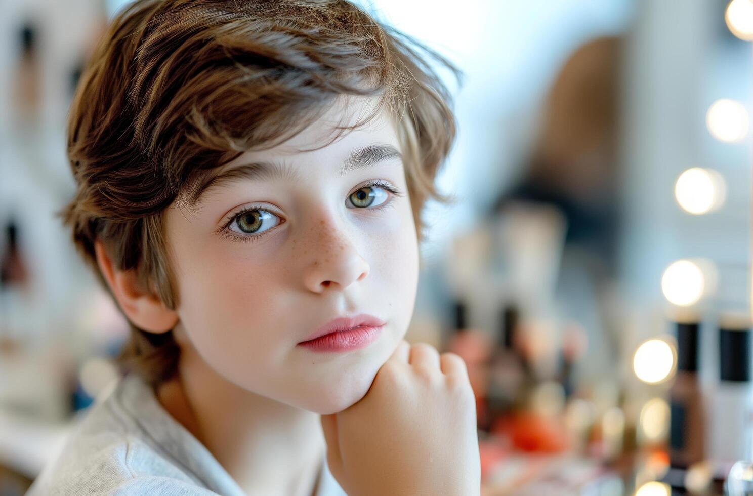 Teen boy at makeup vanity photo
