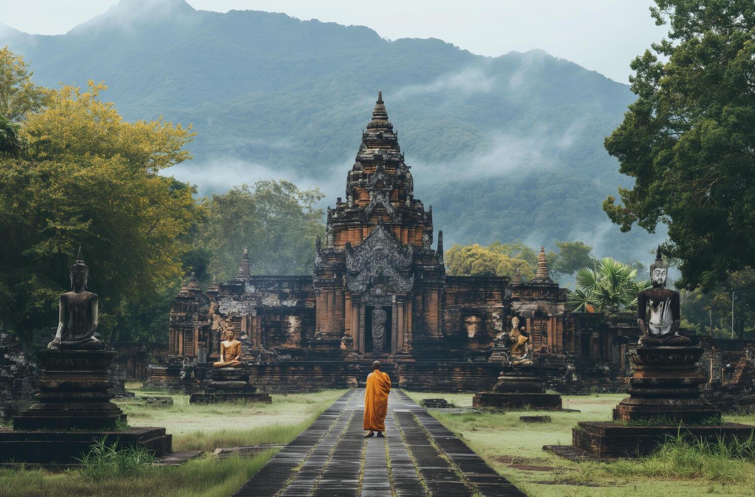 Monk approaching stone temple photo