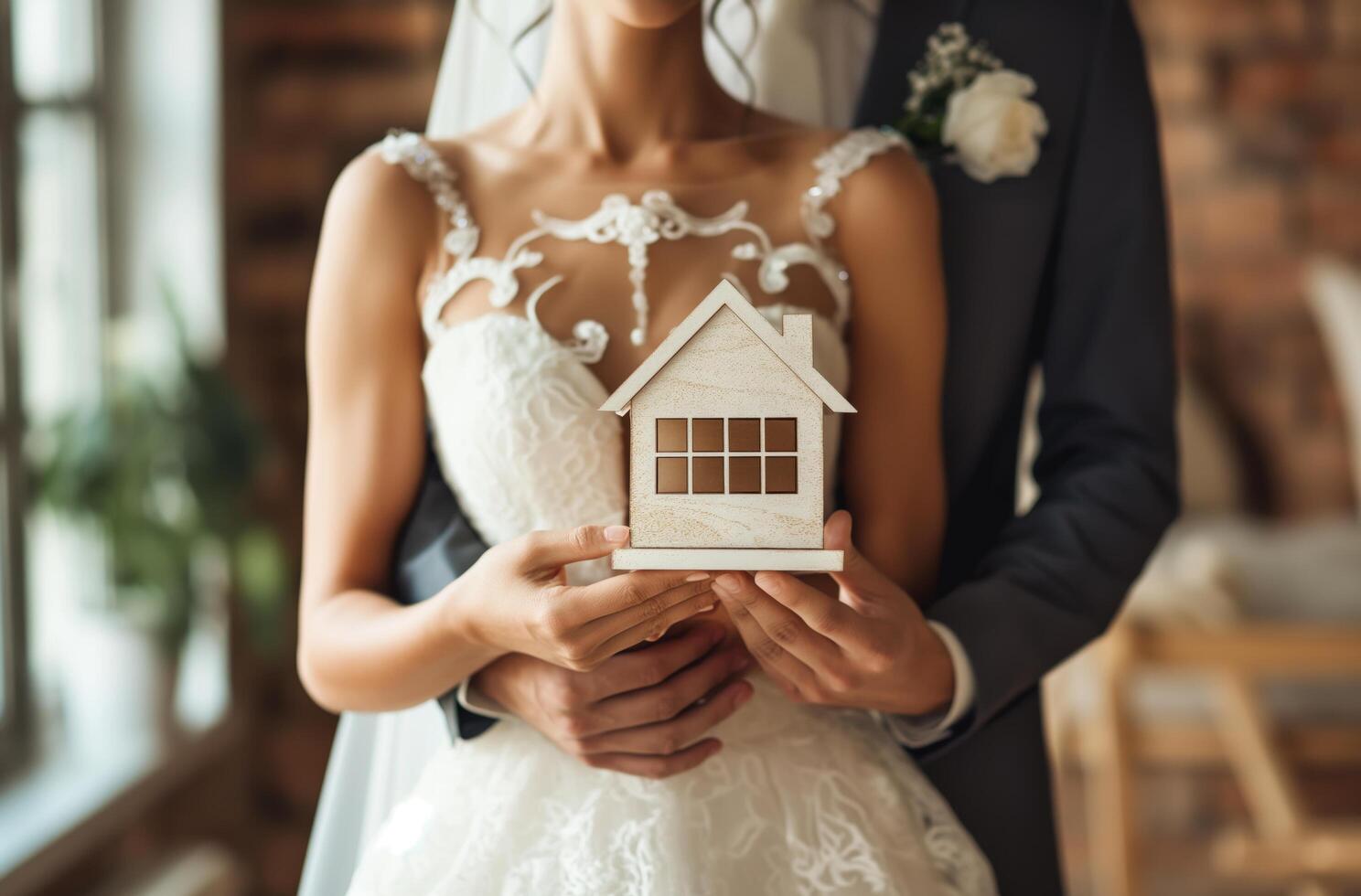 Embracing couple with house model photo