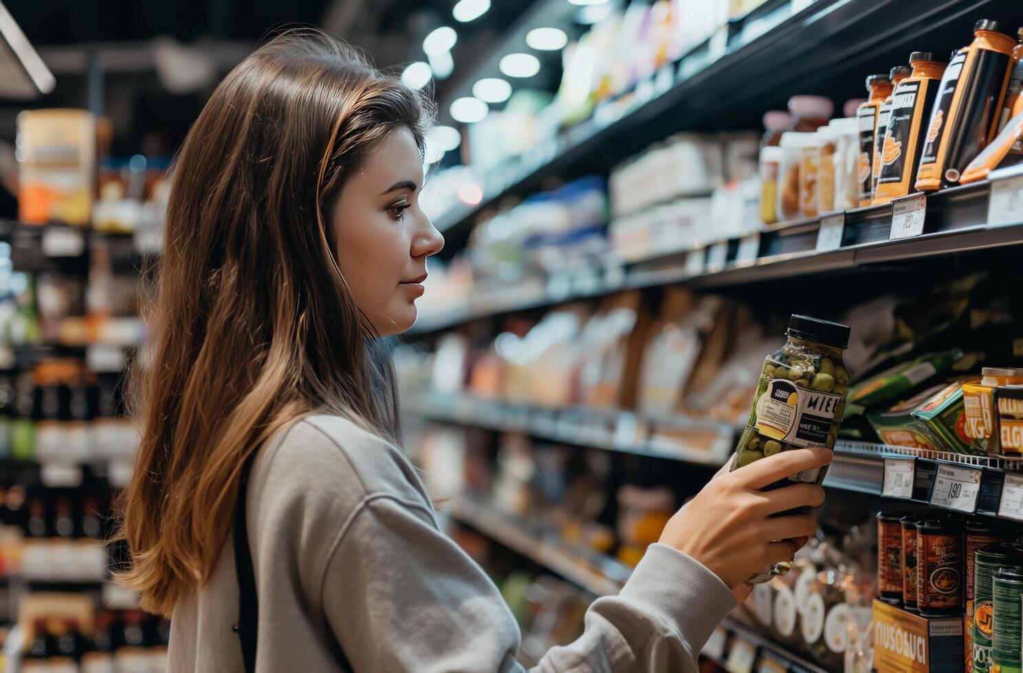 Woman examining grocery product photo