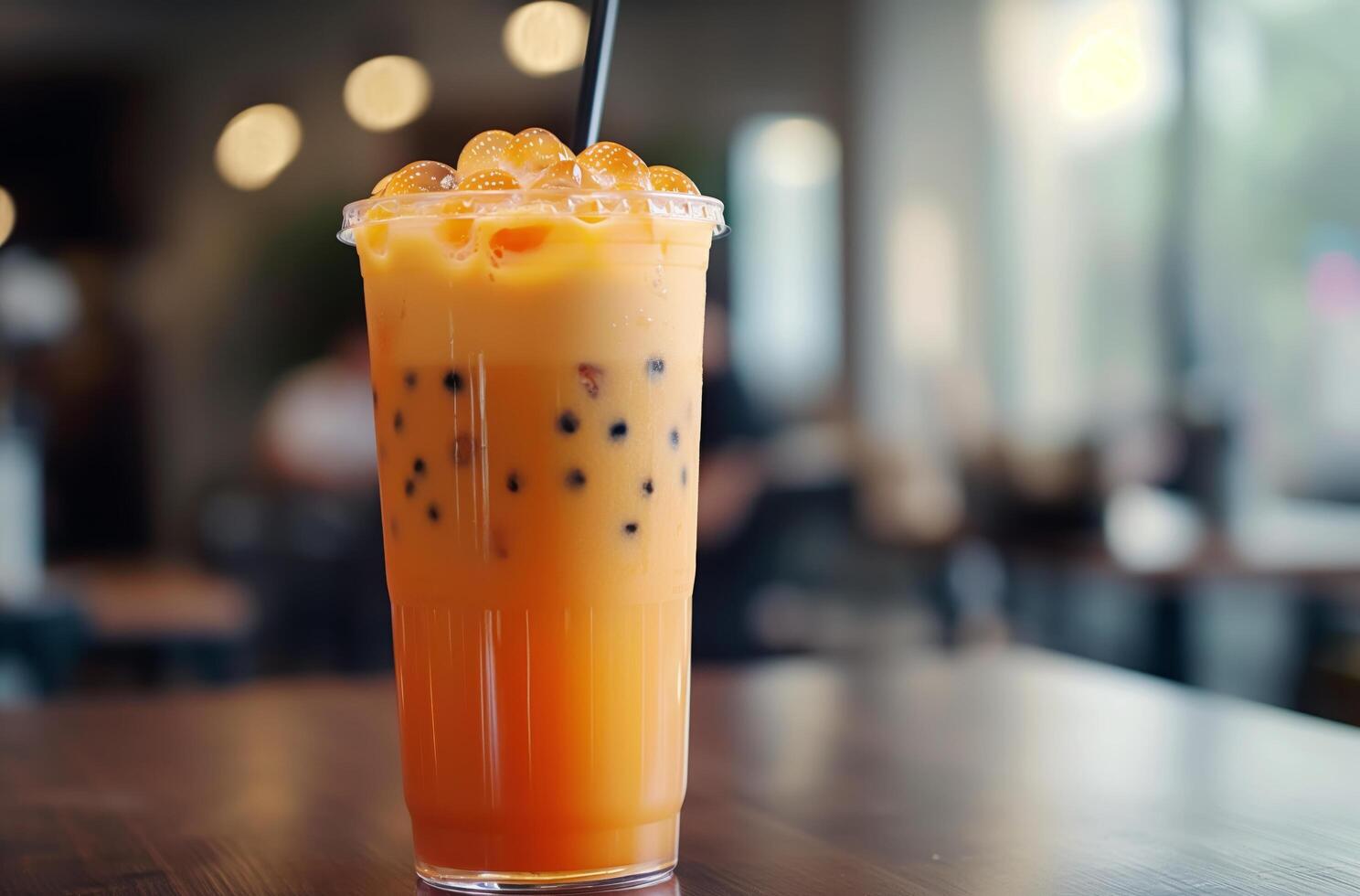 Orange bubble tea closeup photo