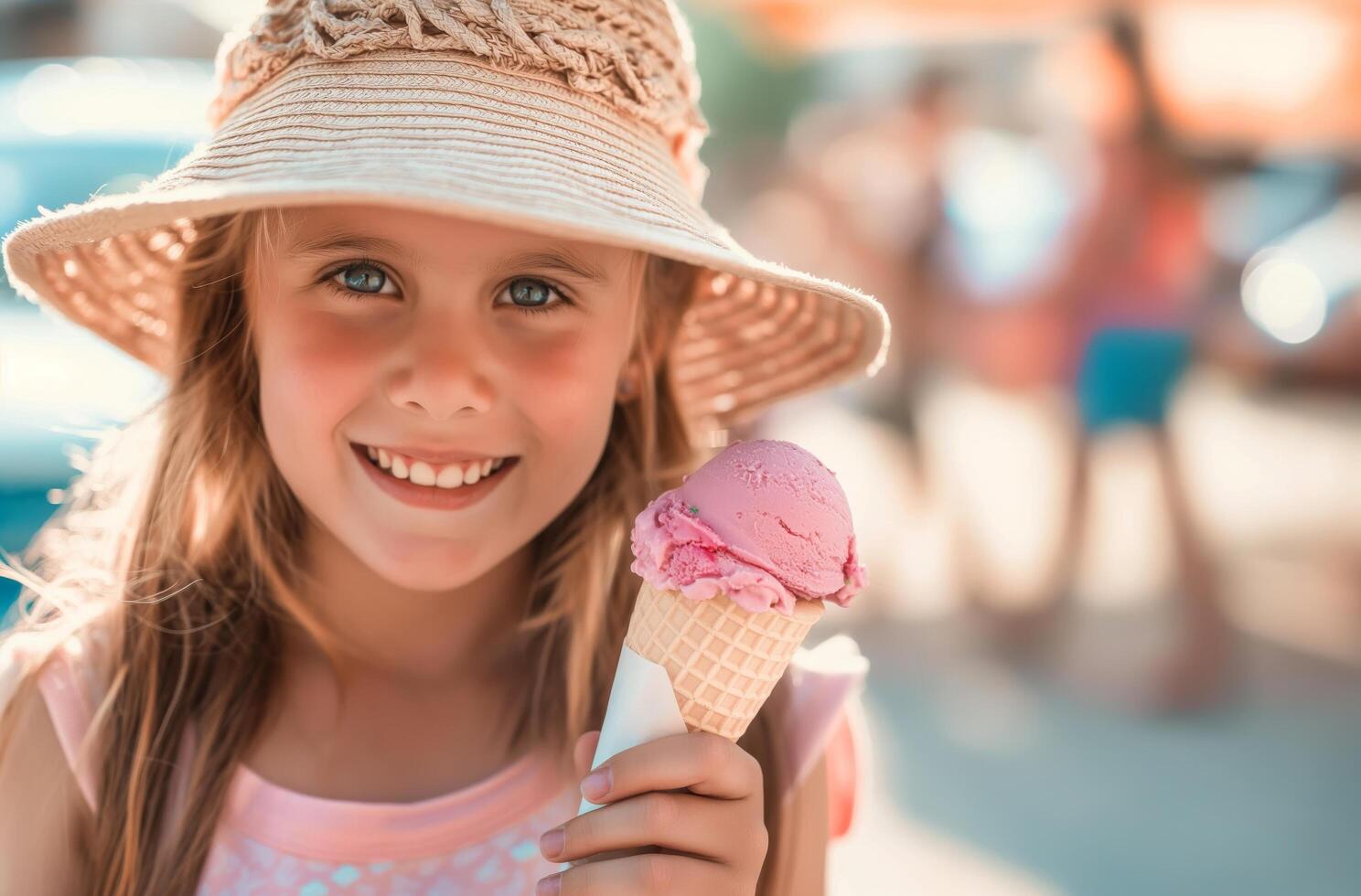 Girl with ice cream outdoors photo