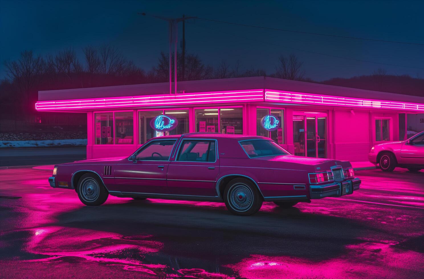 Neon lit diner and pink limousine at night photo