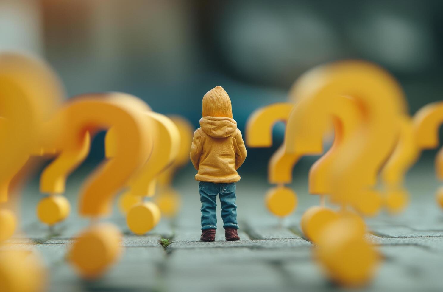 Child amidst floating questions photo