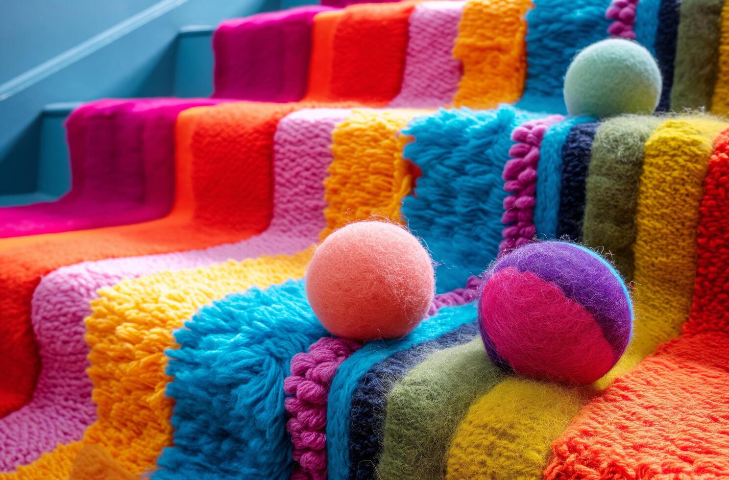 Colorful woolen balls on stairs photo