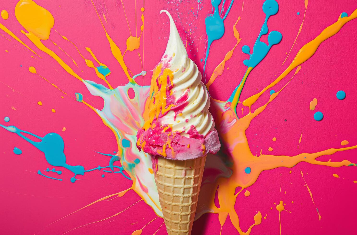 Ice cream cone with vibrant splashes photo