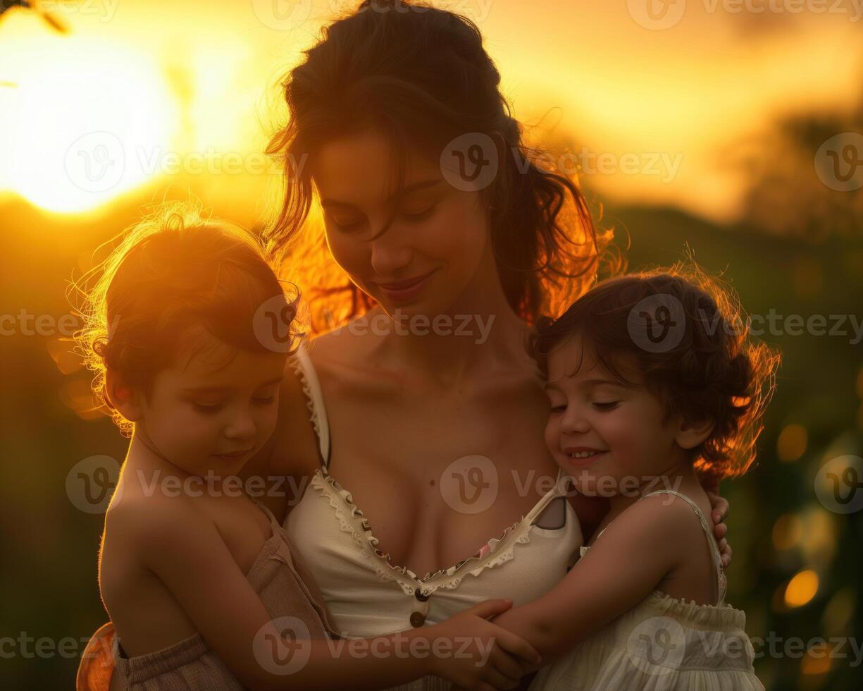 AI generated Happy mother and children with cheerful emotions in a festive mood on Mother's Day photo
