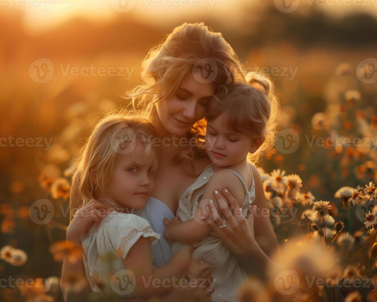 AI generated Happy mother and children with cheerful emotions in a festive mood on Mother's Day photo