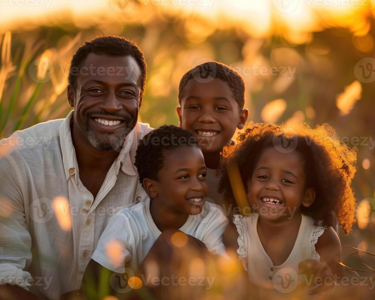 ai generado familia unidad tema con alegre niños y padre para del padre día fiesta foto