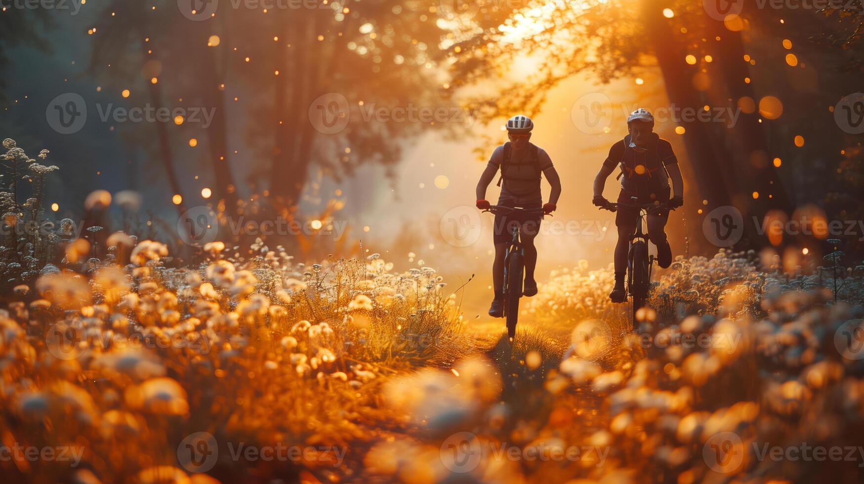 AI generated Outdoor activity theme with people on bikes in nature photo