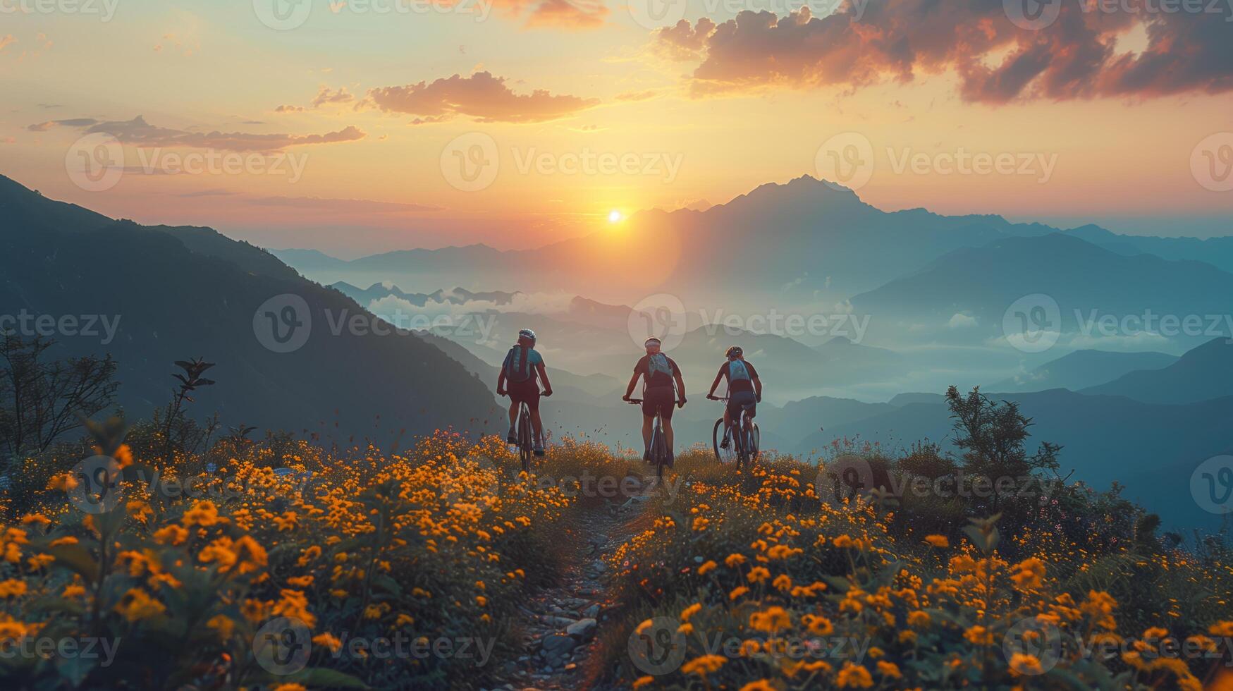 AI generated Outdoor activity theme with people on bikes in nature photo