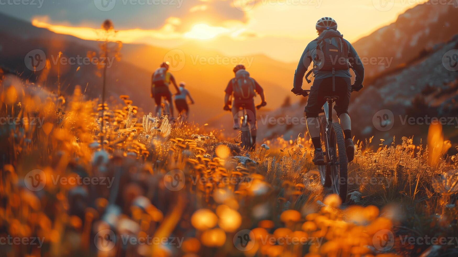 AI generated Outdoor activity theme with people on bikes in nature photo