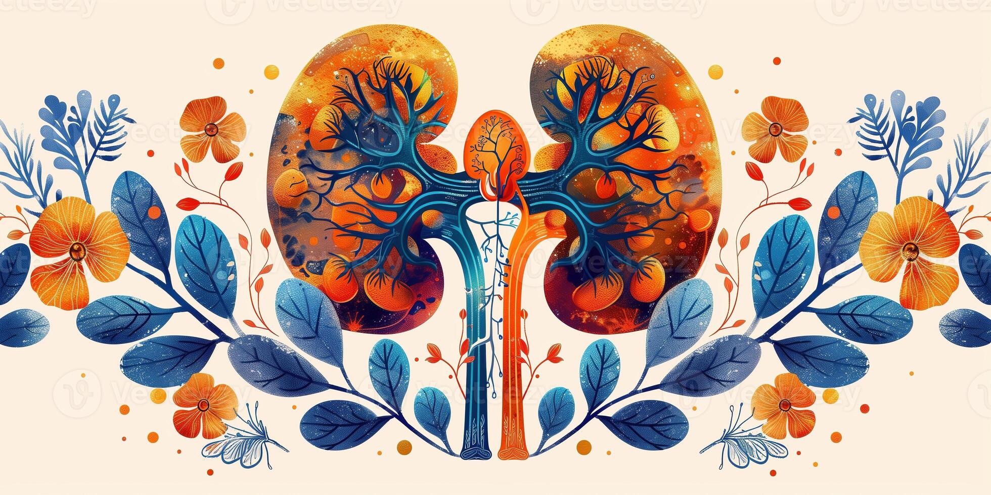 AI generated Illustration of human kidney organs in art style for medical themes photo