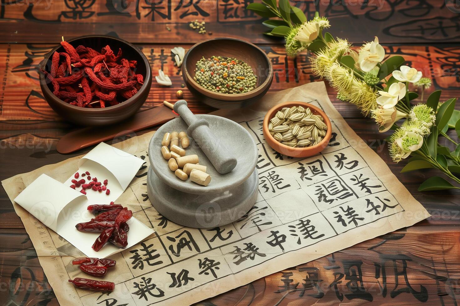 AI generated Theme of healthy and natural traditional Chinese medicine photo