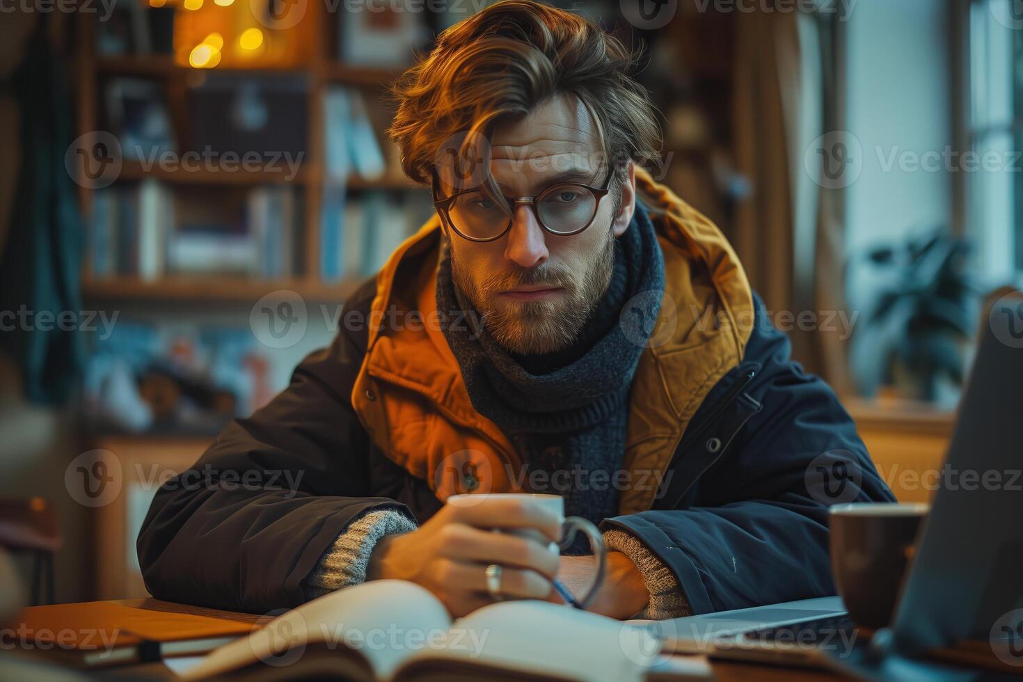 AI generated Young man with coffee sitting at work on a laptop running a business or blog there photo