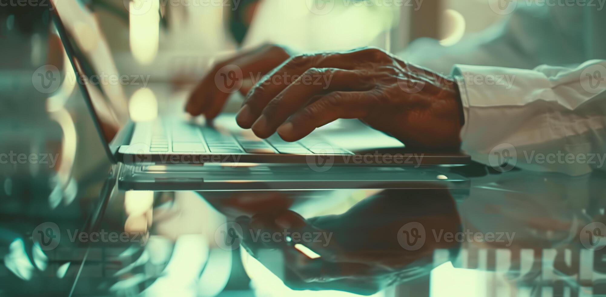 humano manos en un ordenador portátil mientras estudiando o haciendo negocio foto