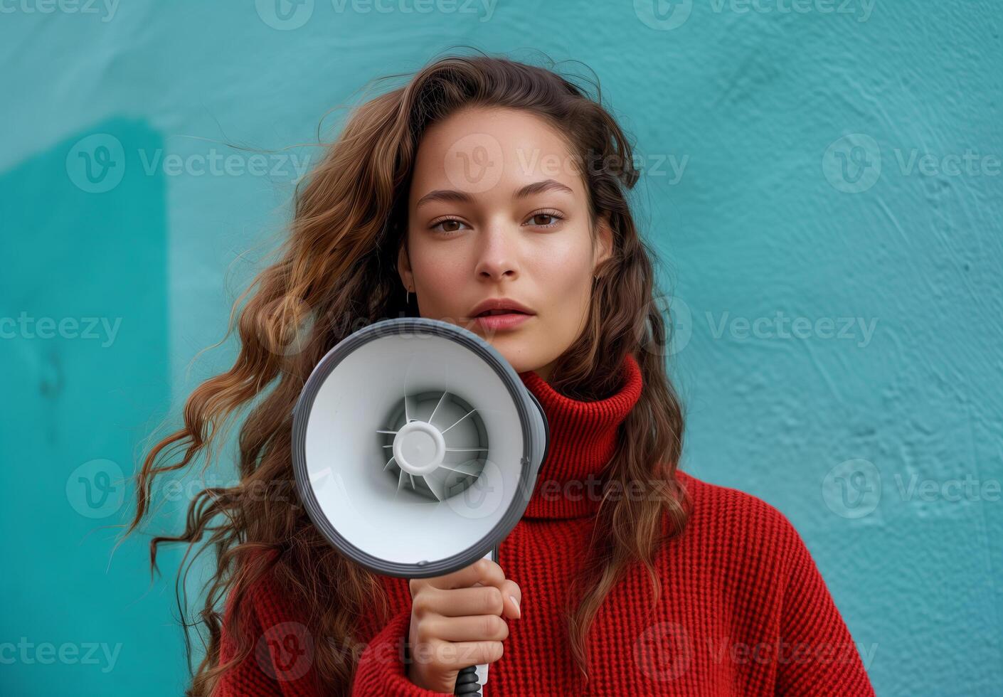 Woman with a bullhorn for news feeds and sales marketing, theme of protecting women's rights and feminism. photo