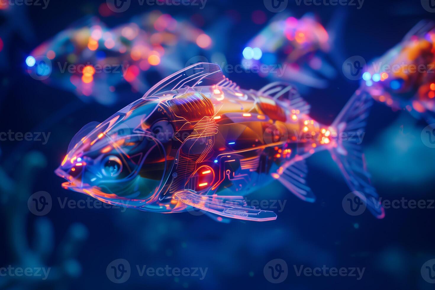 Futuristic fish robots controlled by AI intelligence in nature underwater photo