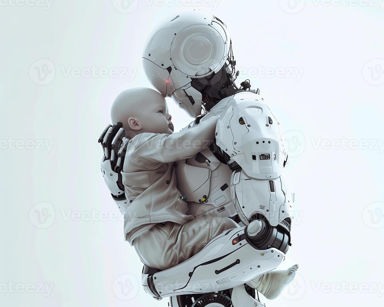 Future concept mother robot as human woman with human child photo