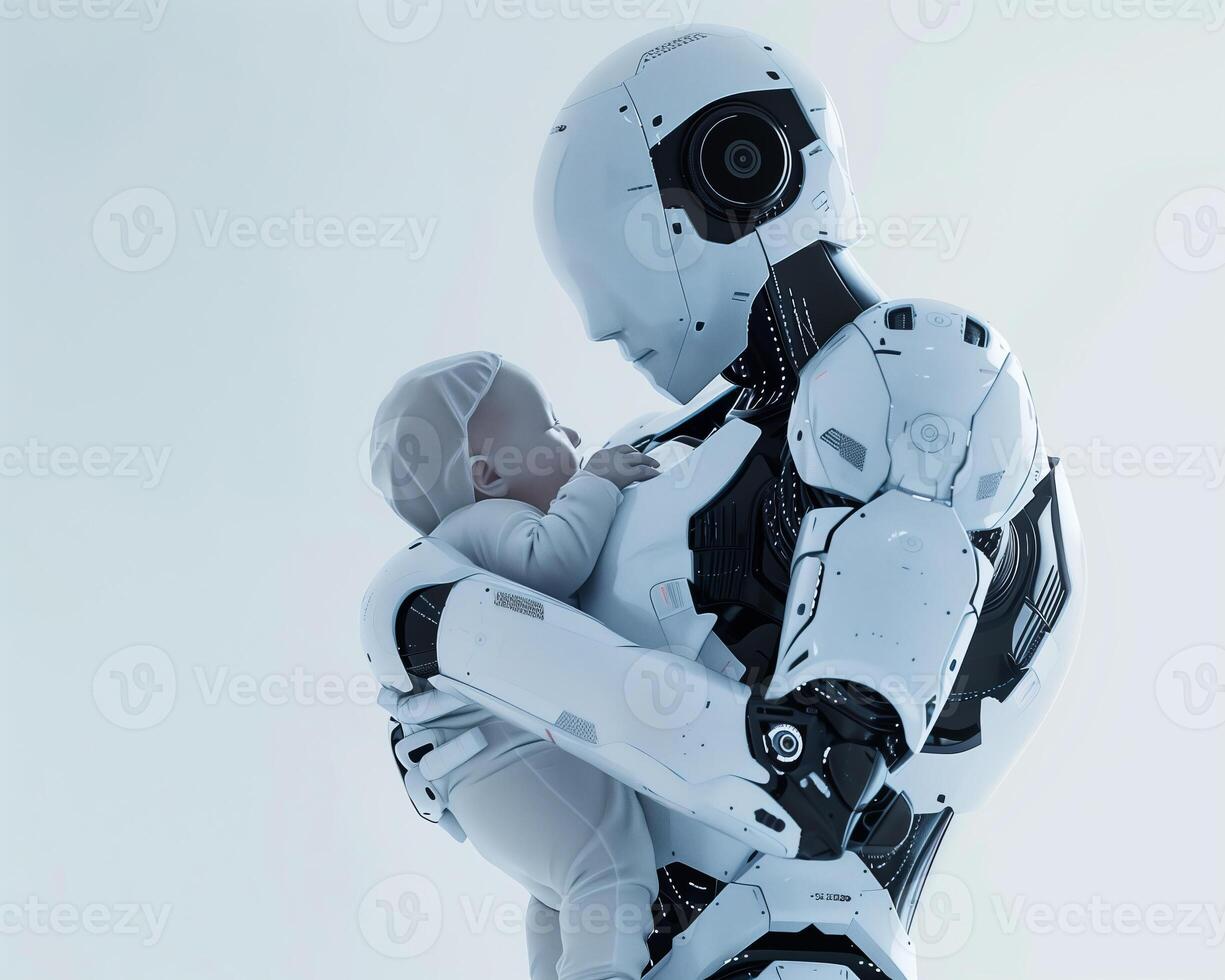 Future concept mother robot as human woman with human child photo