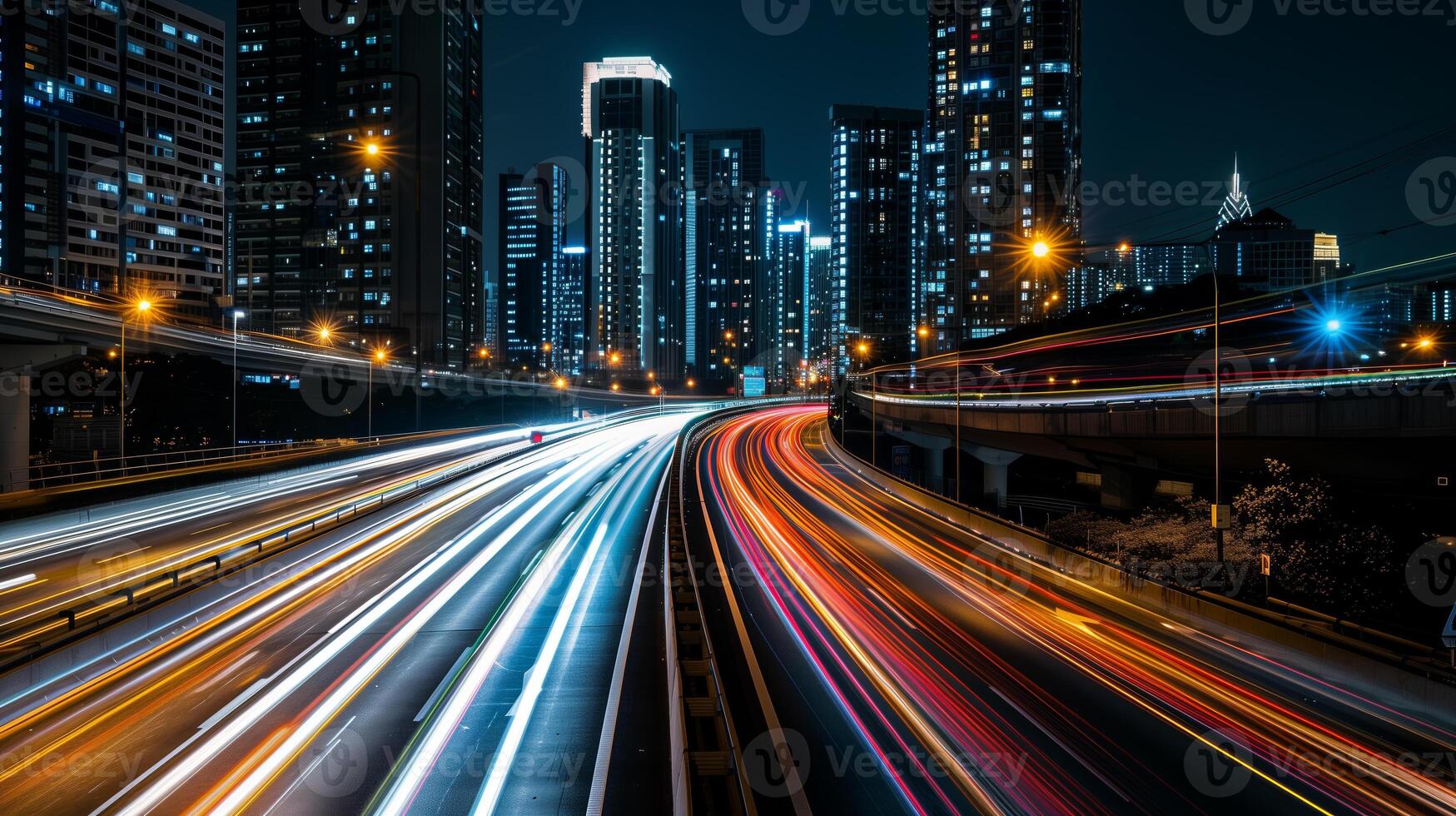 Streaks of moving car lights against the backdrop of city lights at night photo