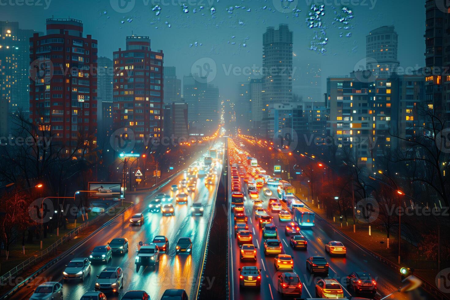 Streaks of moving car lights against the backdrop of city lights at night photo
