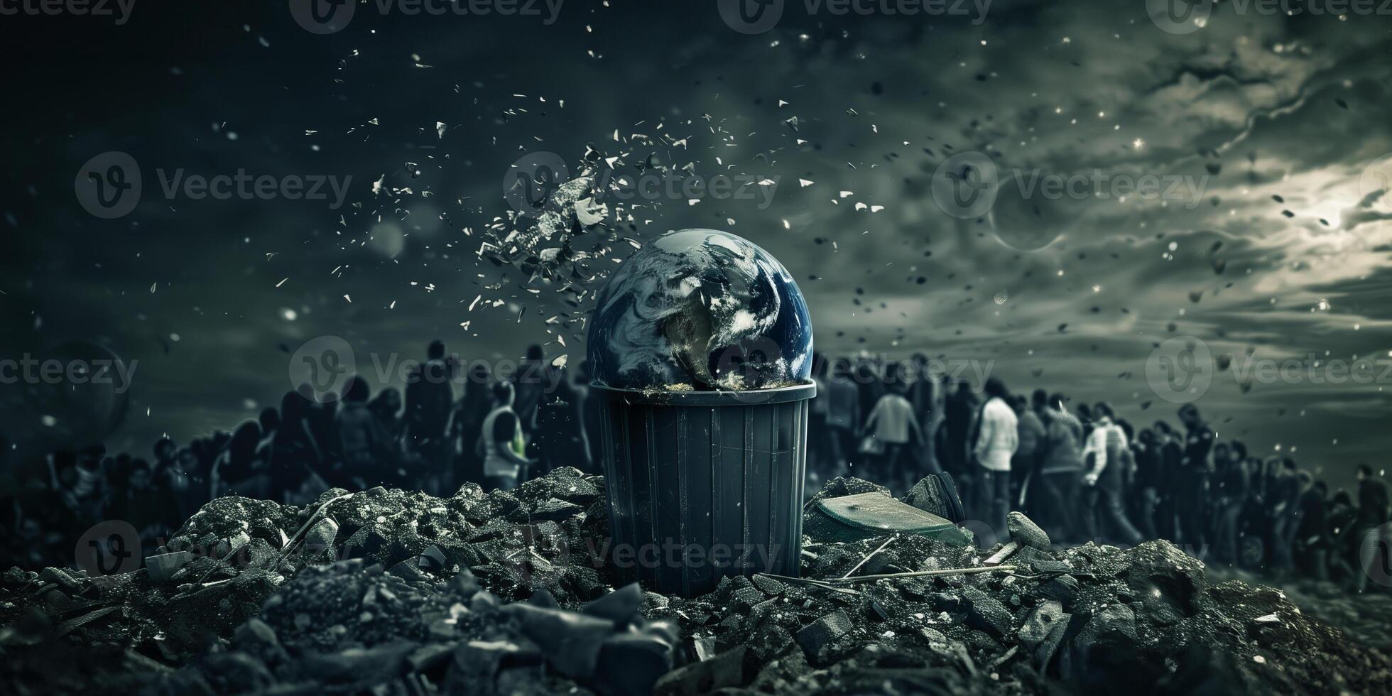 Earth lying amidst garbage, depicting environmental destruction by humans photo