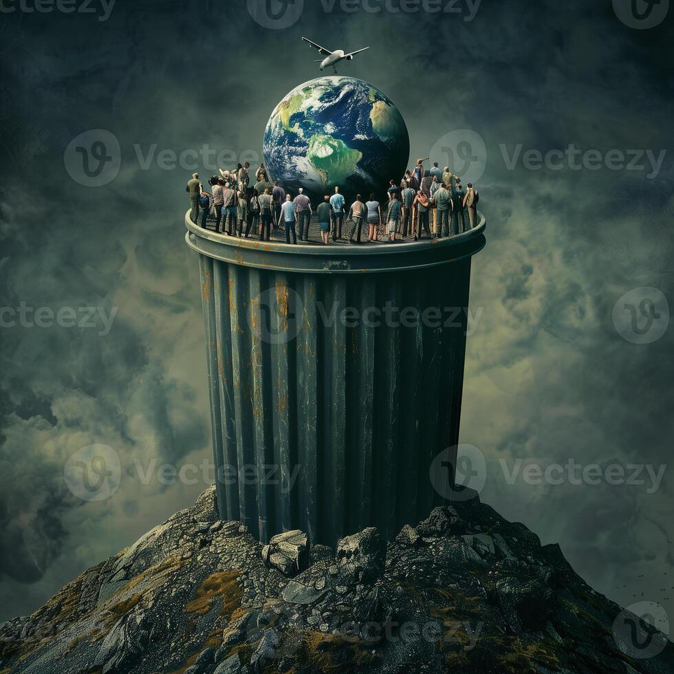 Earth lying amidst garbage, depicting environmental destruction by humans photo