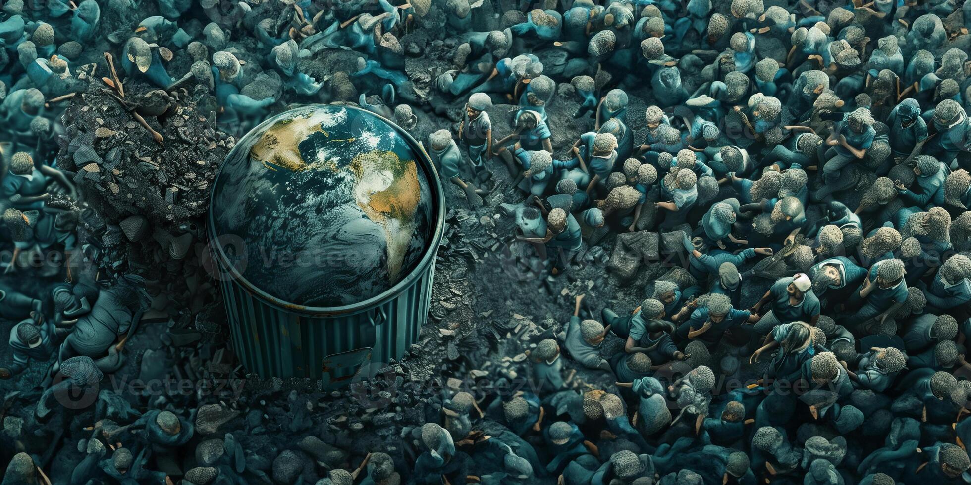 Earth lying amidst garbage, depicting environmental destruction by humans photo