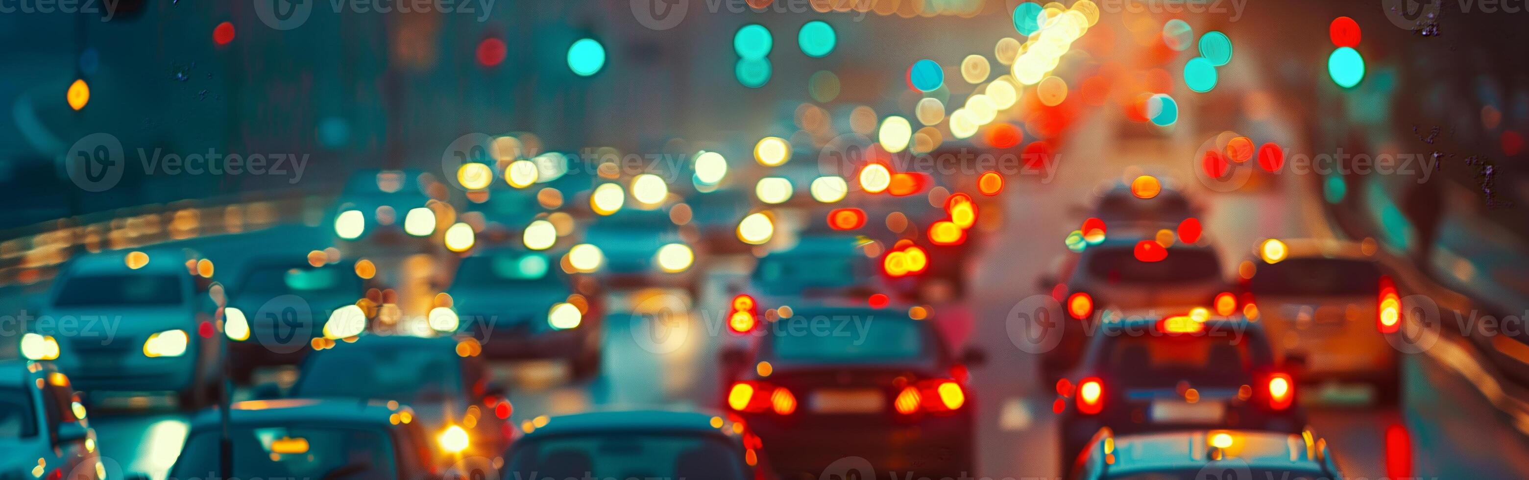 Background screensaver of blurry headlights of cars in the city photo