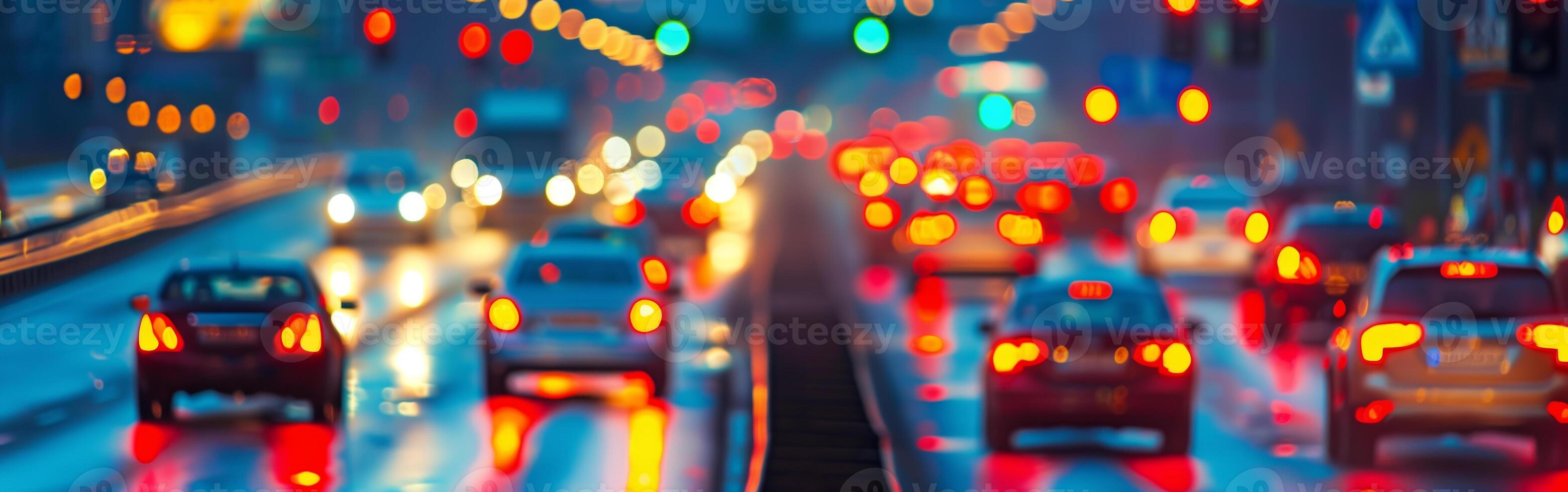 Background screensaver of blurry headlights of cars in the city photo
