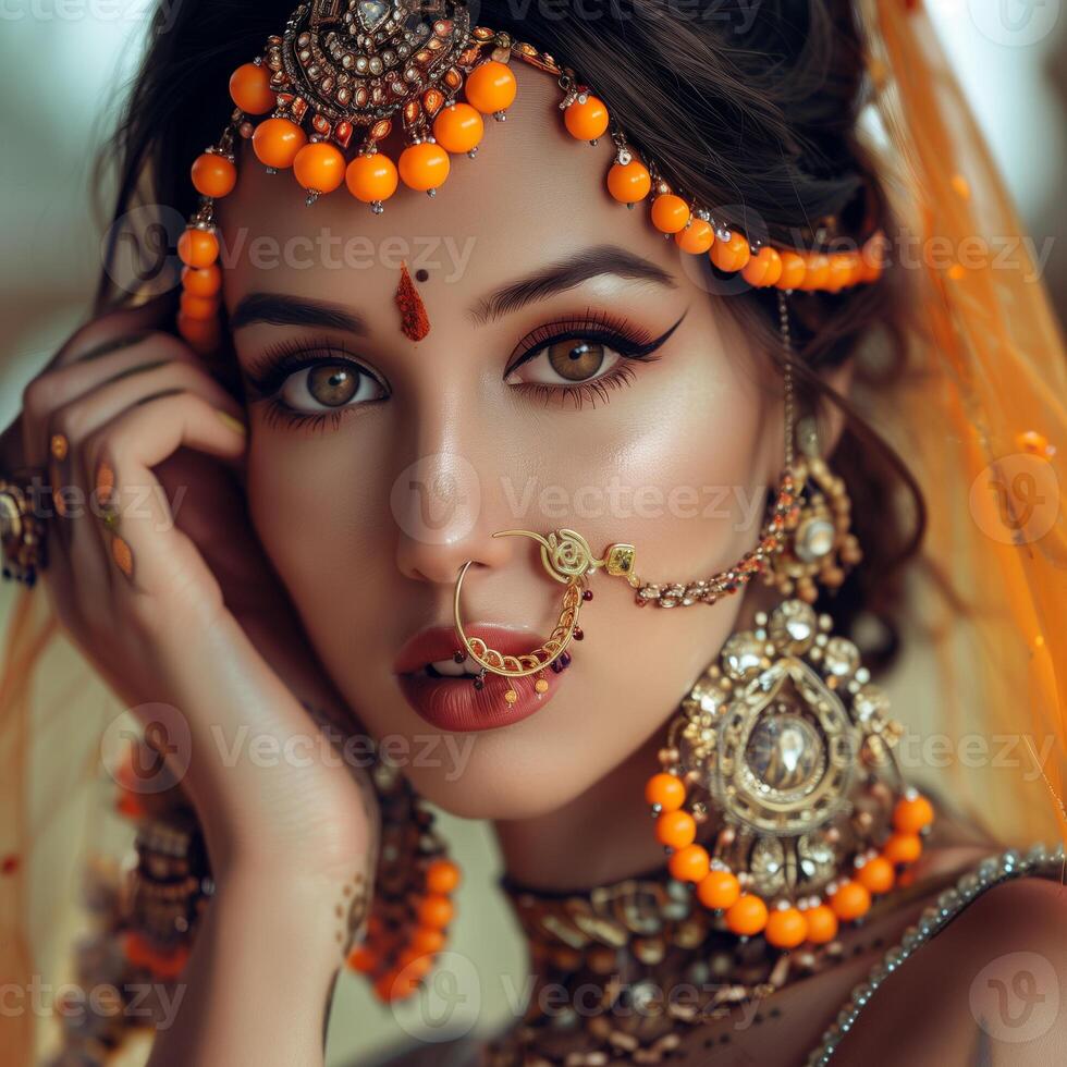 An Eastern girl with captivating eyes in traditional oriental attire photo